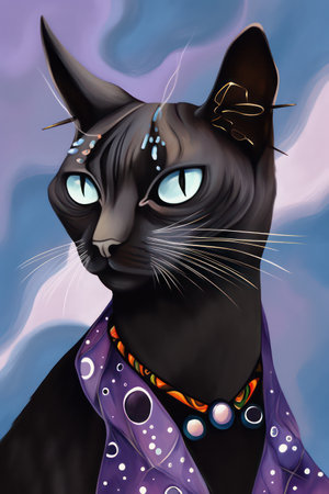 Black cat with blue eyes and multicolored beads on a purple backgroundの素材