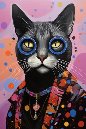 Fashion portrait of a black cat with blue eyes. Vector illustration.の素材