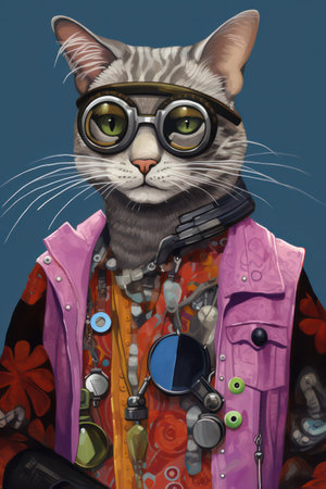 Funny cartoon cat in a raincoat and aviator glasses.の素材