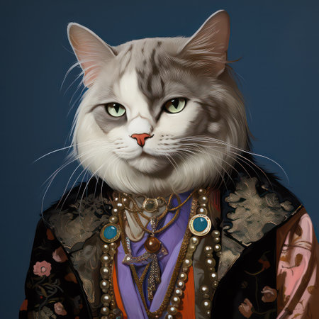Portrait of a beautiful white cat on a blue background. 3d renderingの素材