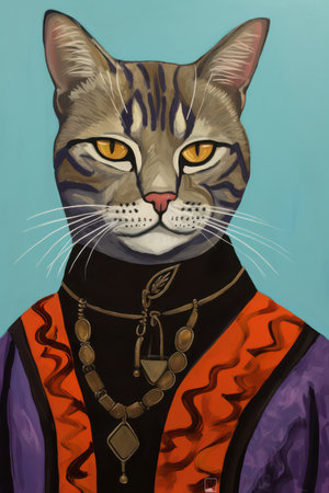 Portrait of a cat with a necklace on a blue background.の素材