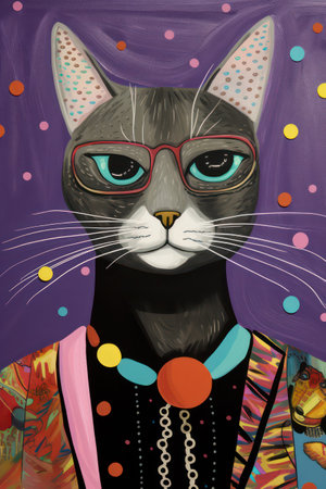 Fashion portrait of a black cat with glasses and a necklace.の素材