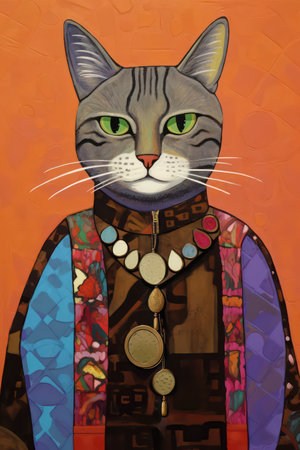 Art painting Oil color portrait of a cat with ethnic style.の素材