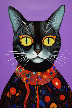Cute black cat with colorful patterns on a purple background. Vector illustration.の素材
