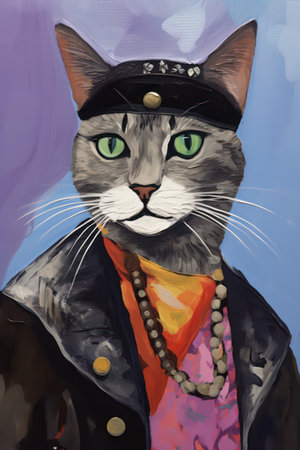 Portrait of a cat in a hat and a jacket with a collarの素材