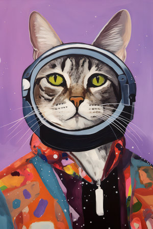 Cartoon portrait of a cat wearing a space suit and helmet.の素材