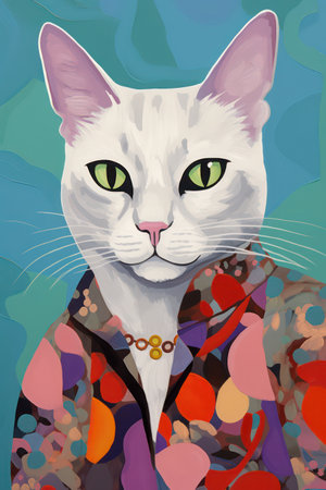 Portrait of a white cat with green eyes in a shirt on a blue background.の素材