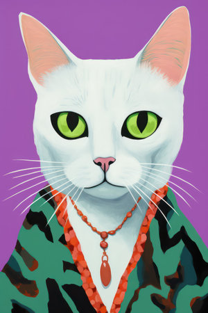 White cat with green eyes and red necklace on a purple background.の素材