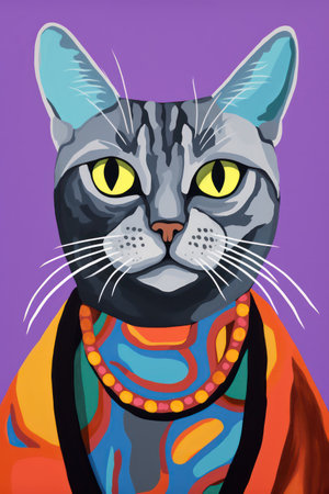 Portrait of a gray cat in a colorful jacket. Vector illustration.の素材