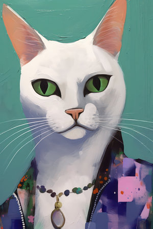 Illustration of a white cat with green eyes painted on a wallの素材