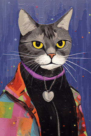 Cartoon portrait of a black cat with yellow eyes in a colorful shirtの素材