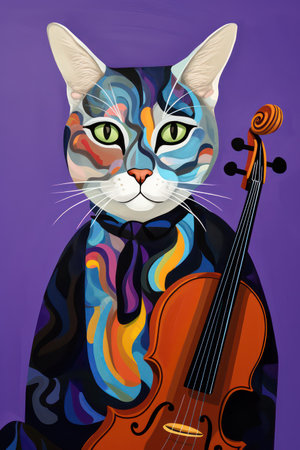 Vector illustration of a cat with a violin on a purple background.の素材