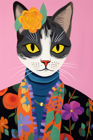 Portrait of a cat with a wreath of flowers. Vector illustration.の素材