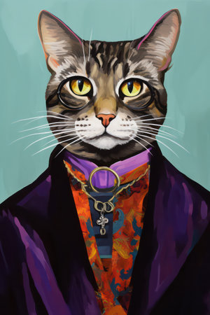Portrait of a cat in a suit with a collar and a necklaceの素材
