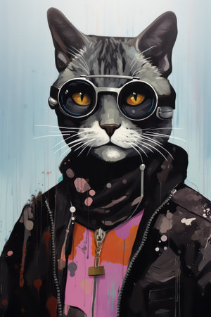 Artistic portrait of a black cat with glasses, leather jacket and hatの素材
