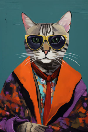 Illustration of a cat wearing a colorful jacket and bow tie.の素材
