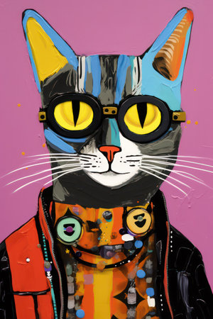Colorful portrait of a cute cat with glasses. Contemporary art collage.の素材