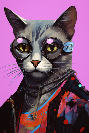 Portrait of a cat in a leather jacket and sunglasses on a pink background.の素材