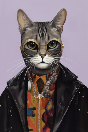 Portrait of a cat in a leather jacket on a purple backgroundの素材