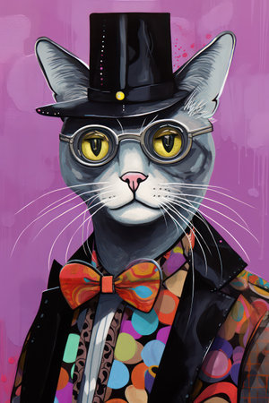 Cat in a hat with a bow tie and glasses. Hand-drawn illustration.の素材