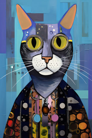 Portrait of a cat on a colorful background. Hand-drawn illustration.の素材