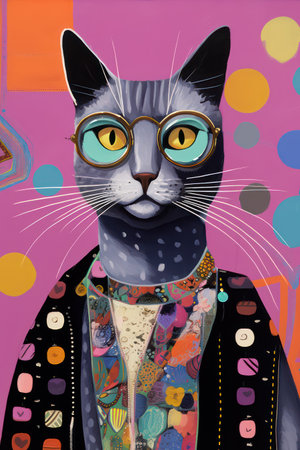 Fashion portrait of a cat with colorful background. Vector illustration.の素材