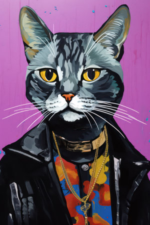 Cat in a black leather jacket on a colorful background. Street art.の素材