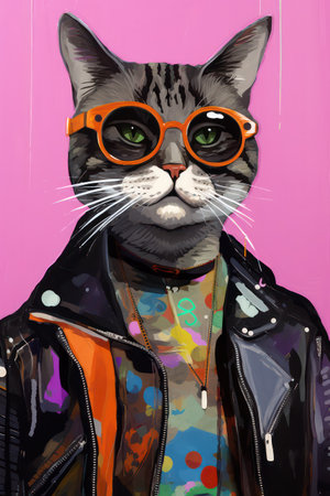 Portrait of a cat in a leather jacket and sunglasses on a pink backgroundの素材