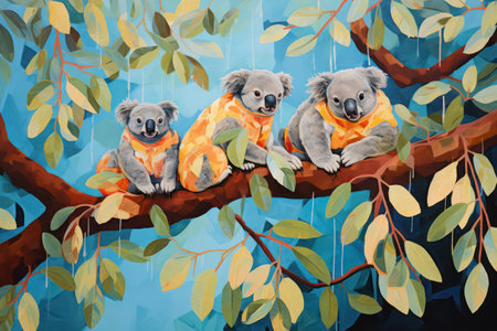 Watercolor illustration of koalas on a tree branch with leavesの素材