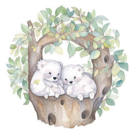 Watercolor cute koala family in the tree. Hand drawn illustrationの素材