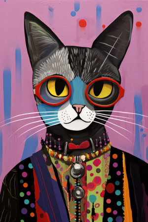 Fashion illustration of a cat in a colorful shirt, jacket and sunglassesの素材