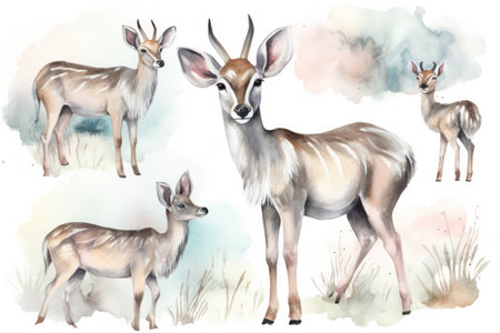 Watercolor illustration of a group of antelope on a white backgroundの素材