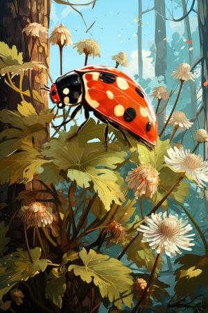 Illustration of ladybug on a background of the summer forest.の素材