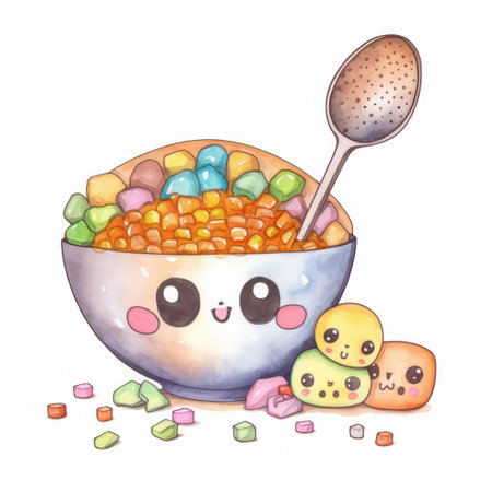Illustration of a bowl of oatmeal with candies and spoonの素材
