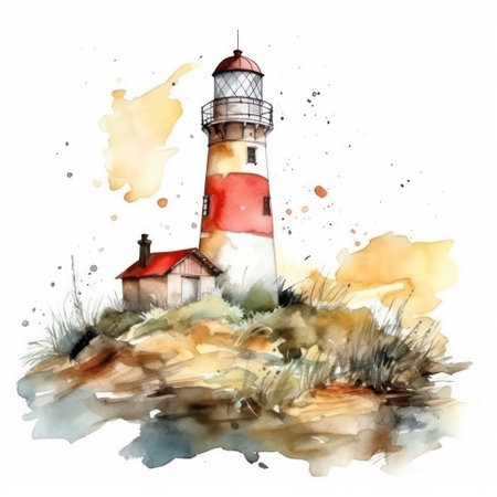 Watercolor lighthouse on the coast. Hand drawn illustration isolated on white backgroundの素材
