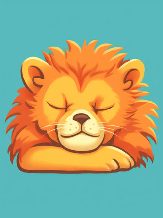 Lion lying on blue background. Cute cartoon vector illustration.の素材