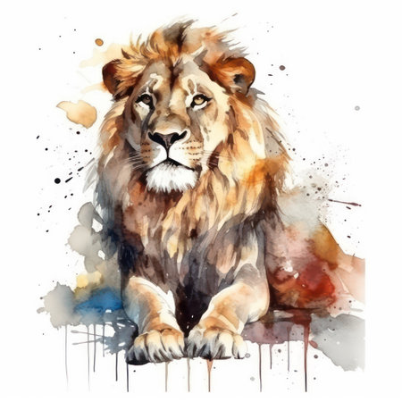 Watercolor lion portrait. Hand painted illustration isolated on white background.の素材