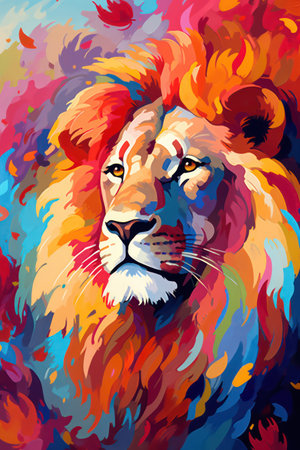 Colorful lion portrait on colorful background. Vector illustration for your designの素材