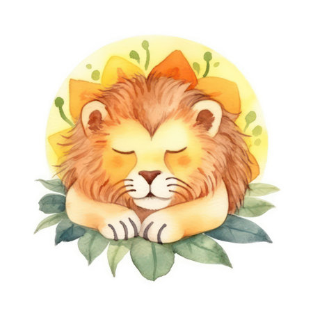 Watercolor illustration of a cute lion sleeping on a green leaf.の素材
