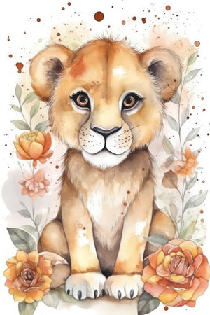 Watercolor illustration of a cute lion sitting in a floral frame.の素材