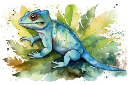 Watercolor illustration of a blue iguana sitting on a green leafの素材