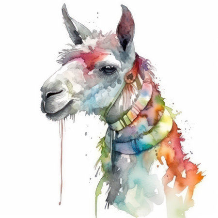 Watercolor llama. Hand drawn illustration isolated on white background.の素材