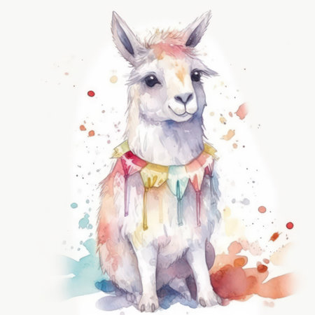 Watercolor llama. Hand drawn llama illustration isolated on white backgroundの素材