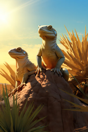 Two chameleon sitting on a rock in the desert at sunsetの素材