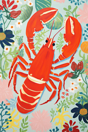Lobster on floral background. Hand-drawn vector illustration.の素材