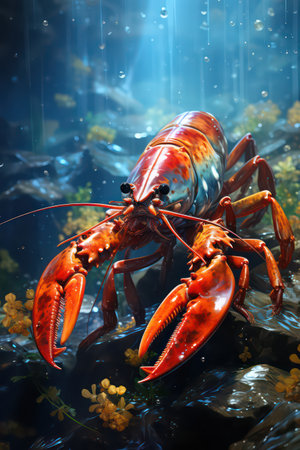Lobster in the aquarium. Underwater world. 3d renderingの素材