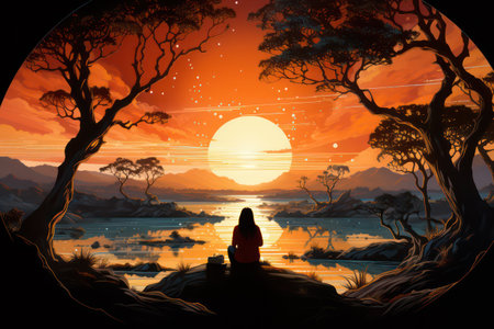 Illustration of a young woman enjoying the beautiful sunset in the forestの素材