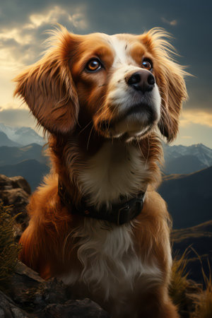 Cocker Spaniel dog in the mountains at sunset. Collage.の素材