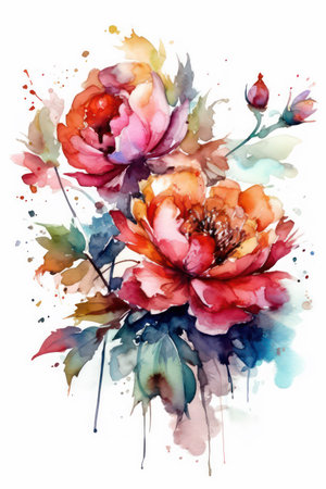 Watercolor bouquet of peony flowers. Hand painted illustration.の素材