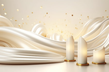 3d render, abstract background with white waves and golden candles.の素材